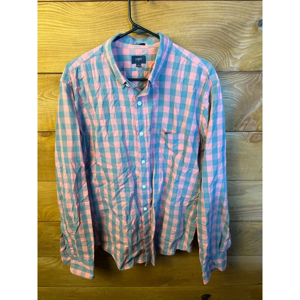 J. Crew Men Slim Fit Long Sleev Button Down Shirt Pink Blue Checkered Lg Gingham